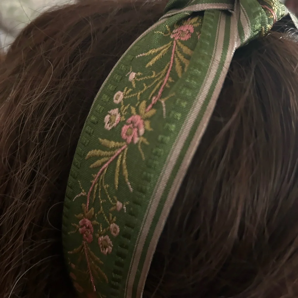 Green Floral Embroidered Twist Knot Headband